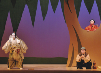 2月22日公演写真3：清元「彦市ばなし」から　彦市-尾上菊之丞　殿様-若柳吉優人　天狗の子-若柳庸子